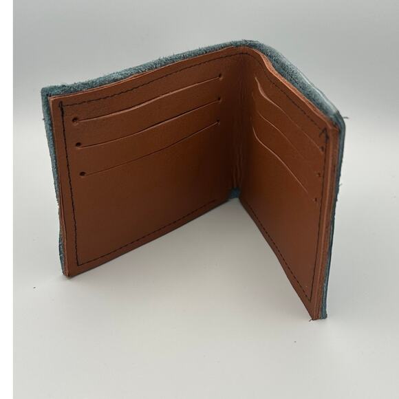 Minimalist Handmade Oaxaca Leather Wallet Royal Blue Slim Bifold Card Holder Men - Picture 5 of 7